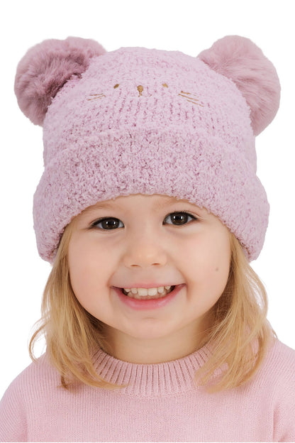 Cap Zone - Kids Kitty Cat Terry Fleece Double Pom Beanie