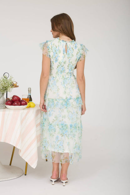 FLORAL TULLE PATTERN SMOCKED TIERED MIDI DRESS