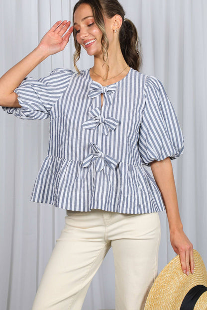 1/3 Open Tie Front Striped Puff Sleeve Blouse Top
