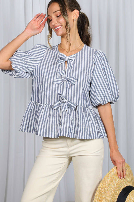 1/3 Open Tie Front Striped Puff Sleeve Blouse Top