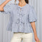 1/3 Open Tie Front Striped Puff Sleeve Blouse Top