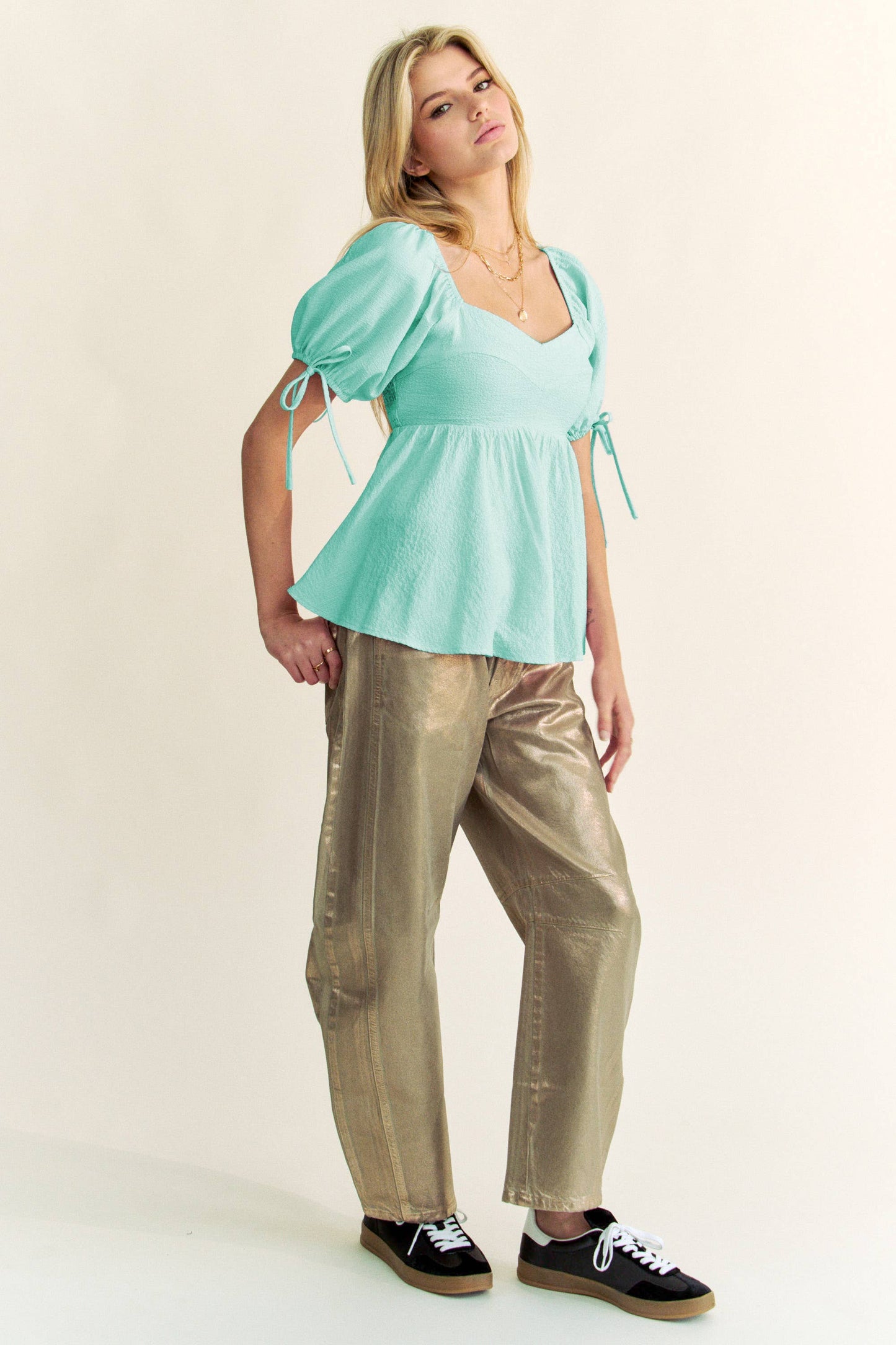 SOLID ELASTIC PEPLUM PUFFED SLEEVES BLOUSE TOP