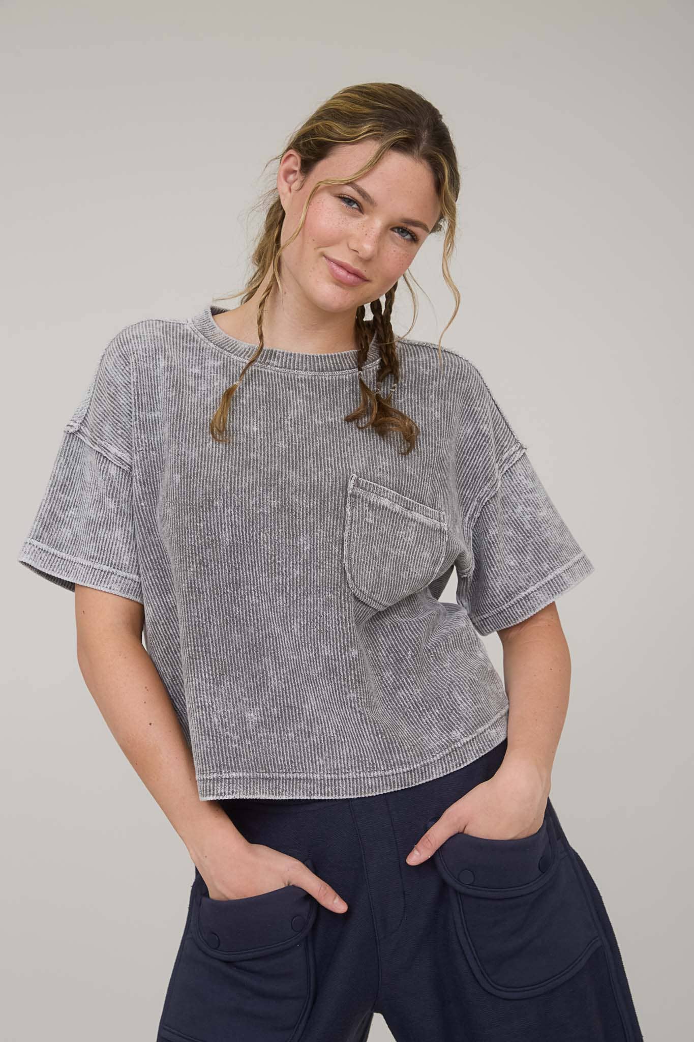 Washed Ribbed Short Sleeve Tee with Pocket