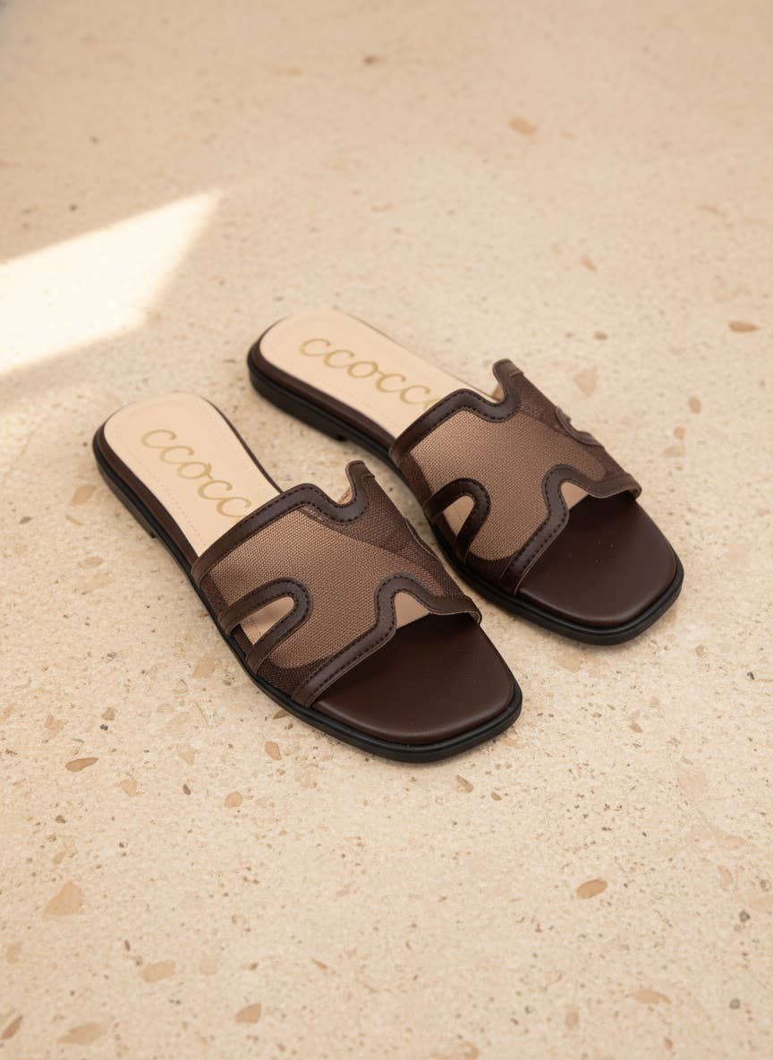 CCOCCI - BRITNEY Lace Mesh Sandals  H-Cutout Square Toe Slides