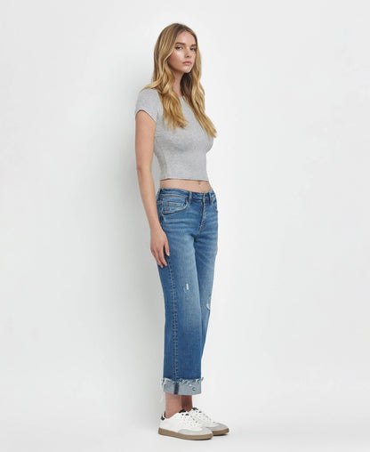 MID RISE RAW CUFFED HEM SLIM WIDE JEANS