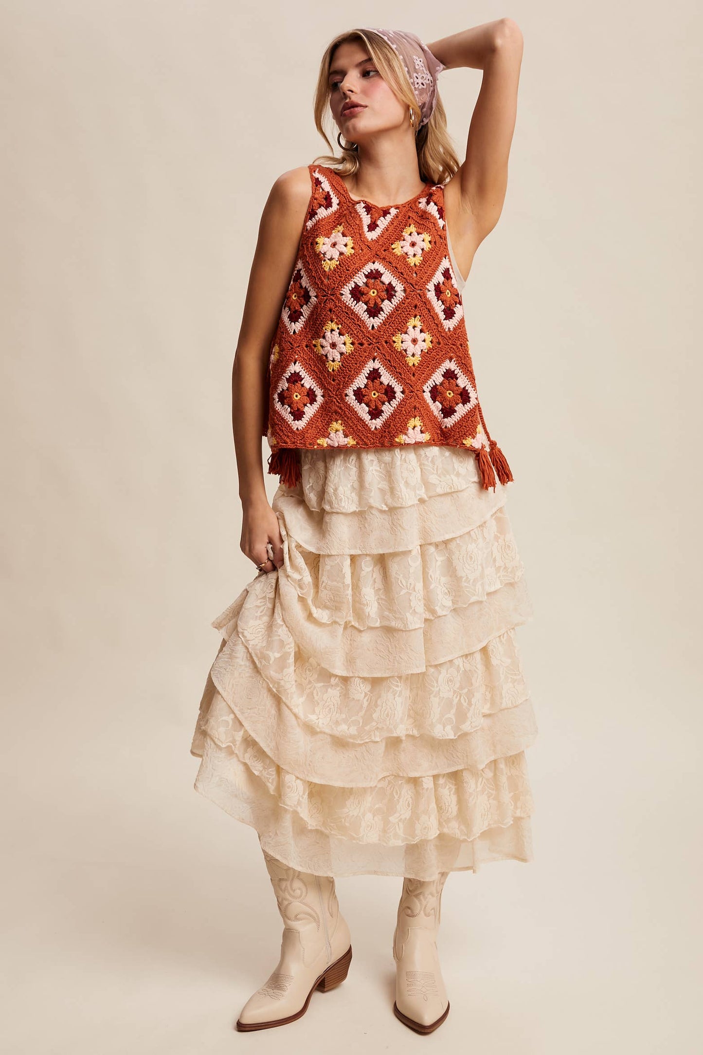 Crochet Granny Square Tassel Tie Vest