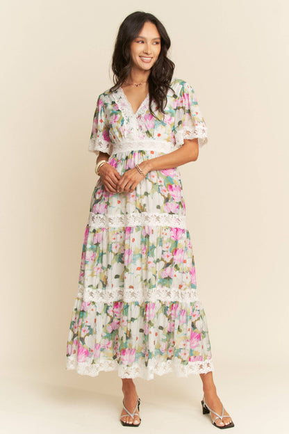 WATER PAINTING FLORAL ZIPPERED MAXI DRESS