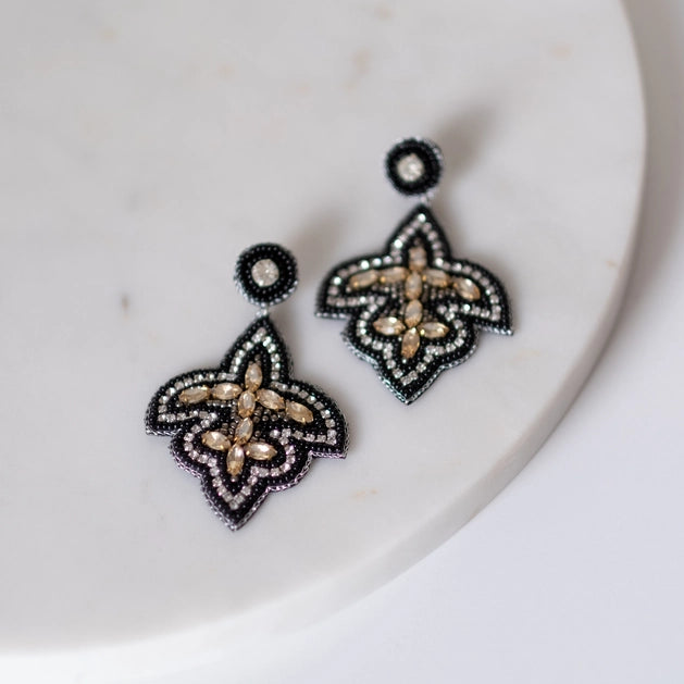 Fleur De Lis Beaded Earrings Black/Gold
