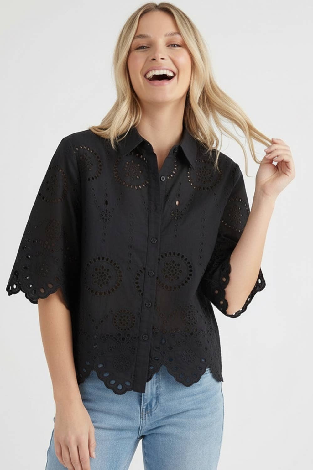 Kori America - BUTTON DOWN EYELET LACE SHIRTS BLOUSE
