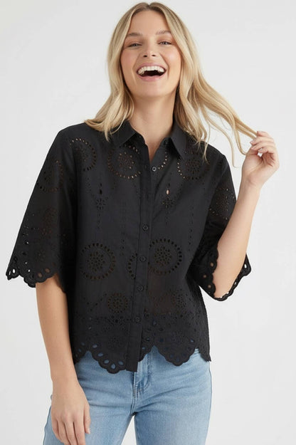 Kori America - BUTTON DOWN EYELET LACE SHIRTS BLOUSE