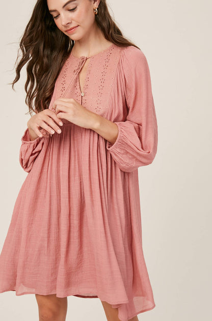 Listicle - Embroidered Tassel Tie Babydoll Dress