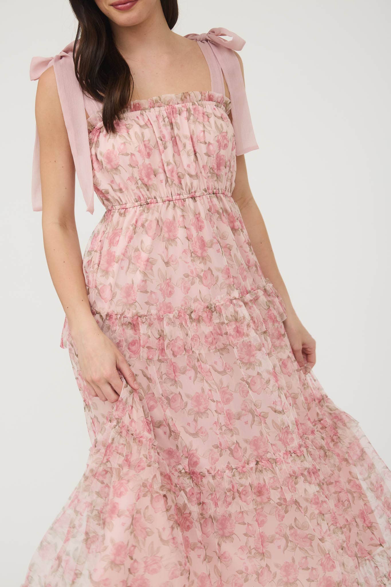 FLORAL TIE STRAP RUFFLE TRIM TIERED MAXI DRESS