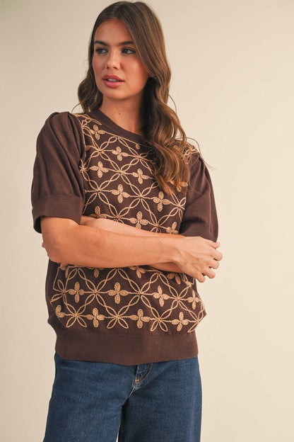 SHORT PUFF SLEEVE EMBROIDERY FRONT SWEATER