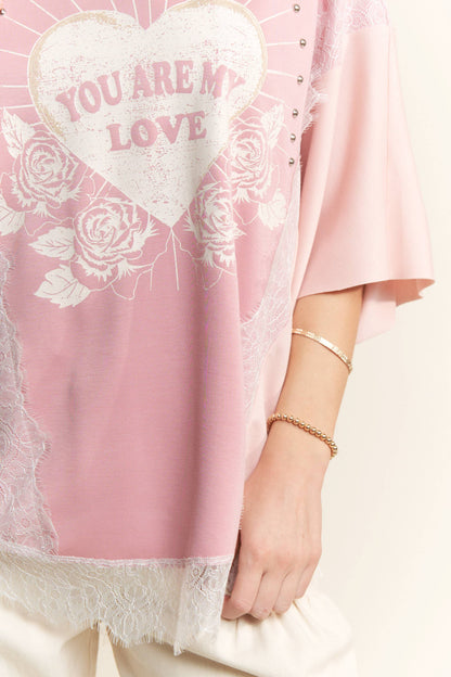 PLUS YOU ARE MY LOVE PRINT LACE SHORT SLEEVE TOP
