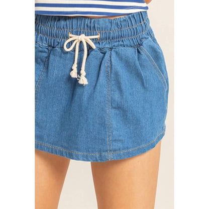 Drawstring Waist Denim Skort