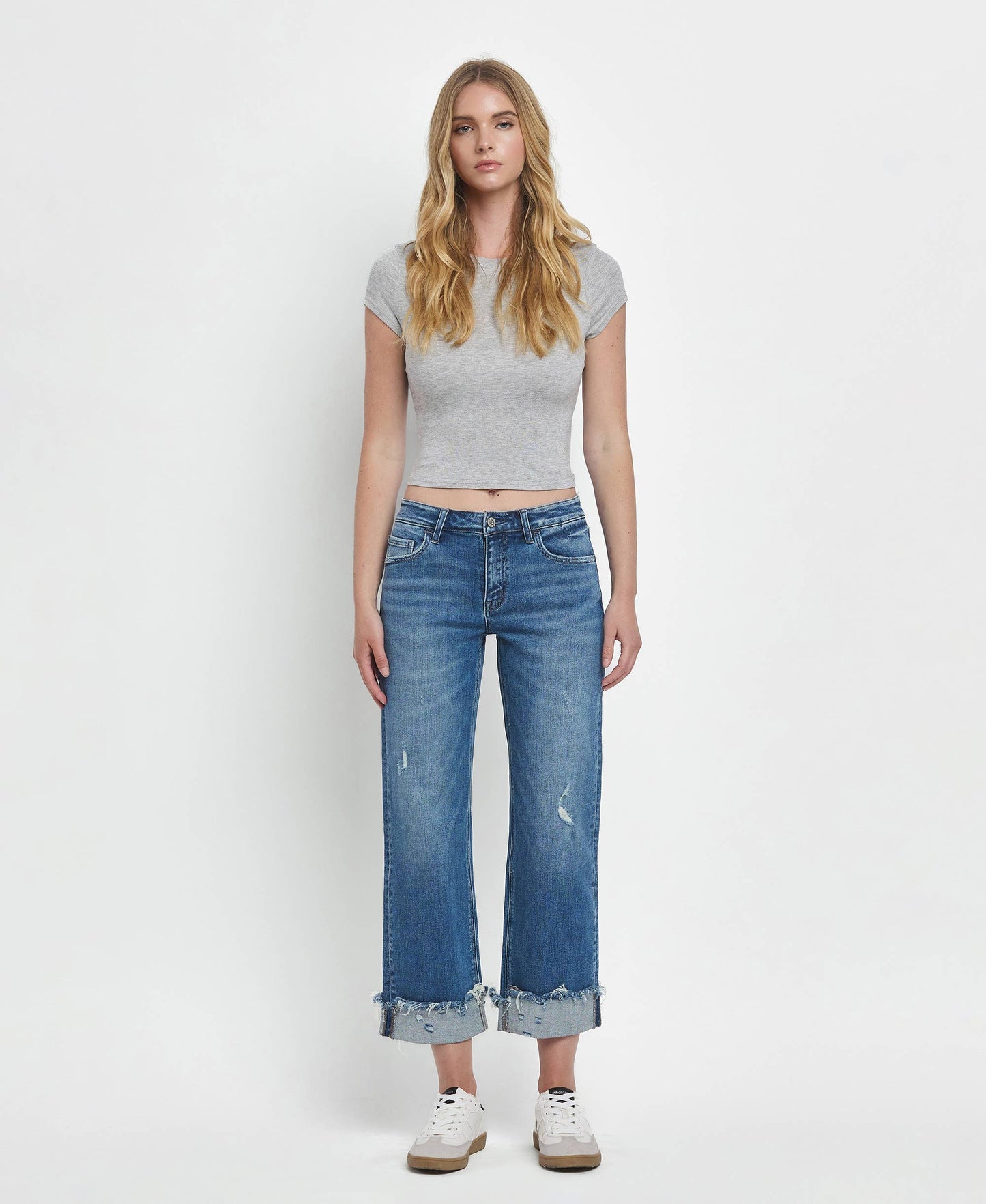 MID RISE RAW CUFFED HEM SLIM WIDE JEANS