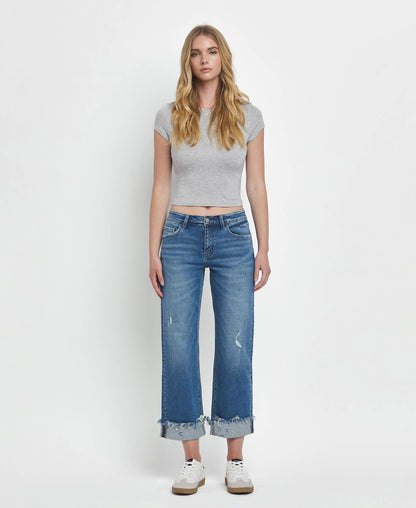MID RISE RAW CUFFED HEM SLIM WIDE JEANS
