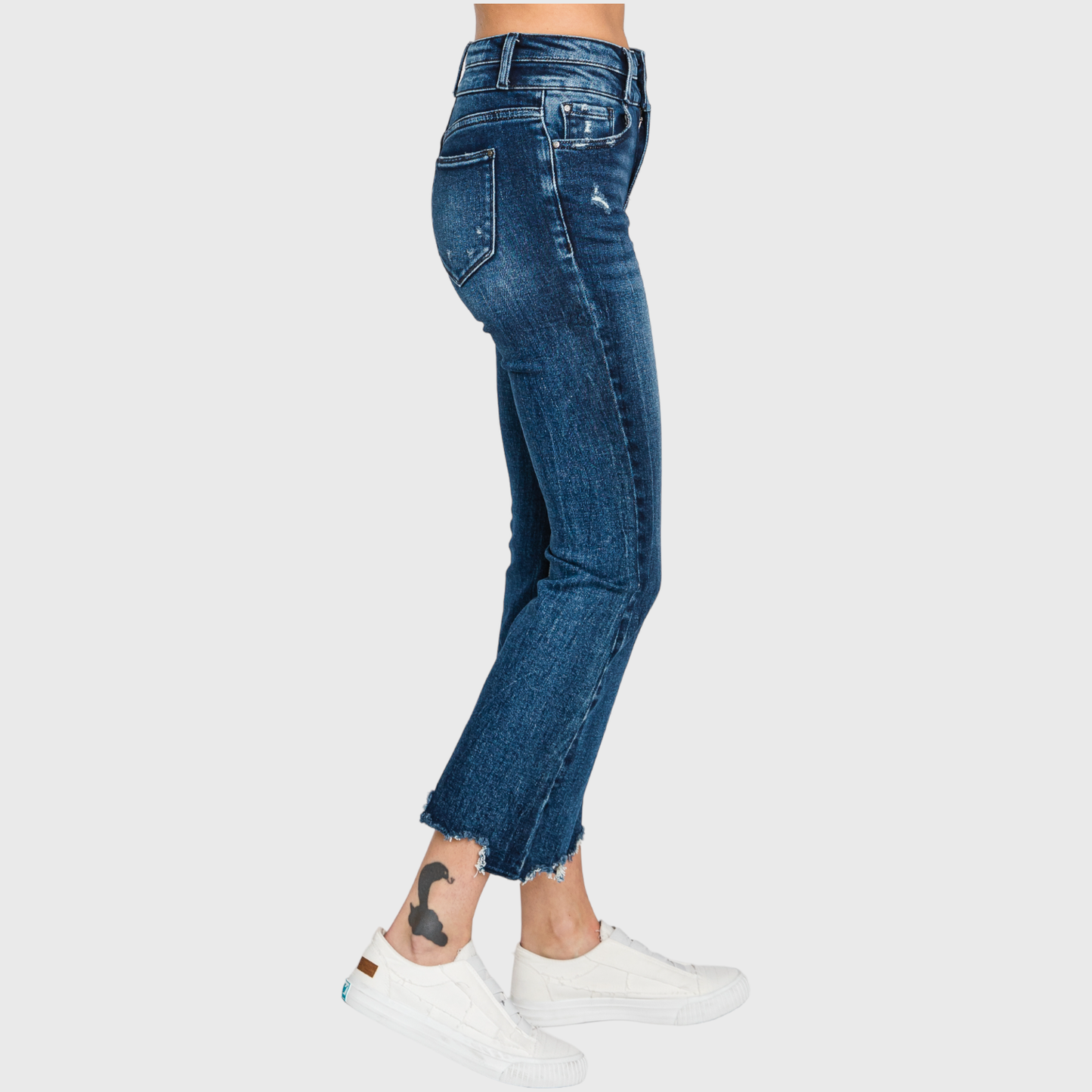 Petra153 - P797AHB-DK HIGH RISE CROP BOOTCUT JEANS W/ FRAYED HEM