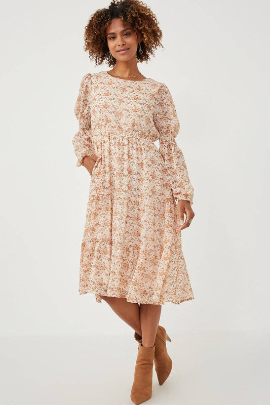 Womens Floral Print Smocked Sleeve Midi Dress