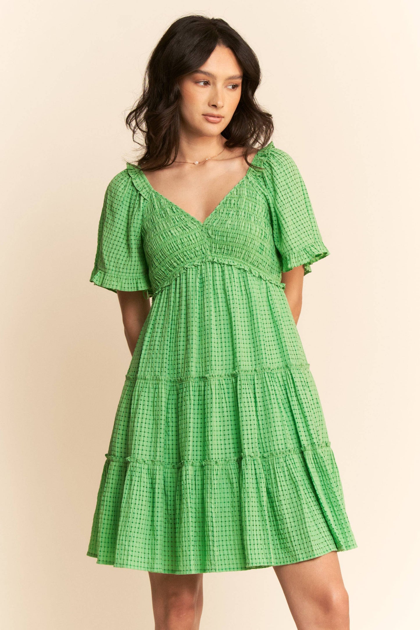 PLUS SMOCKING BODICE RUFFLE SLEEVE TIERED DRESS