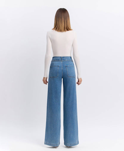 VERVET by FLYING MONKEY - SUPER HIGH RISE TIE WAISTBAND WIDE LEG JEANS T6765