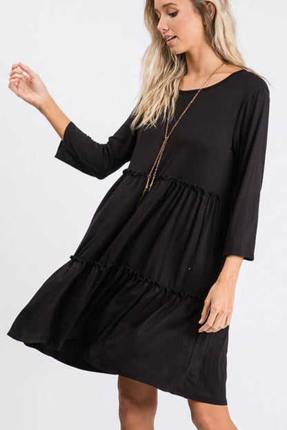 BLACK SOLID DRESS WITH RUFFLE DETAIL