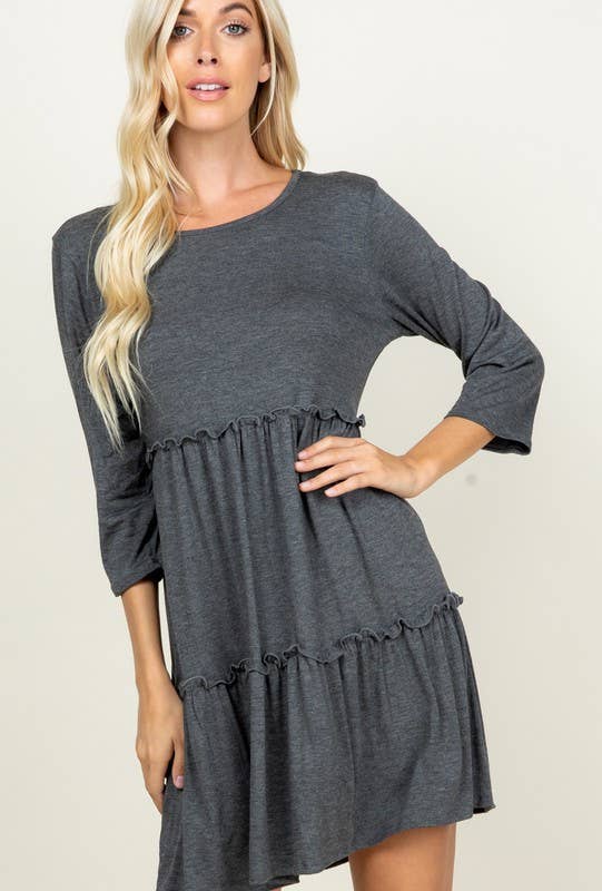 BLACK SOLID DRESS WITH RUFFLE DETAIL