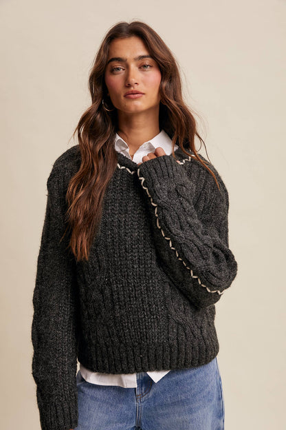Listicle - Contrast Stitch Cable Knit Sweater LSW1013