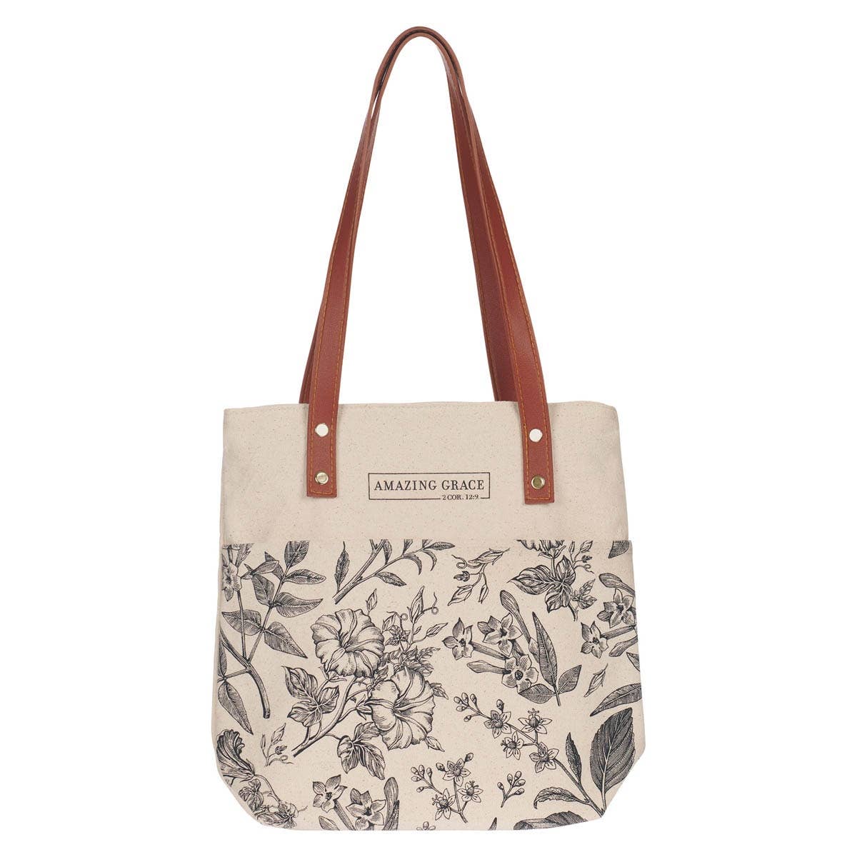 Christian Art Gifts - Tote Canvas Cream/Brown Amazing Grace 2 Cor. 12:9