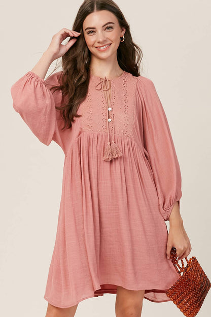 Listicle - Embroidered Tassel Tie Babydoll Dress