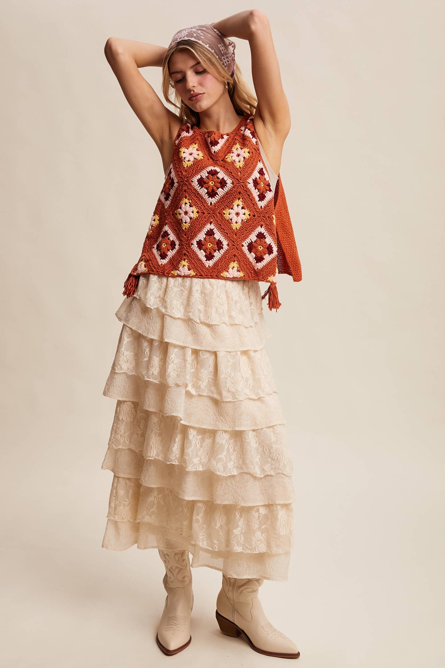 Crochet Granny Square Tassel Tie Vest