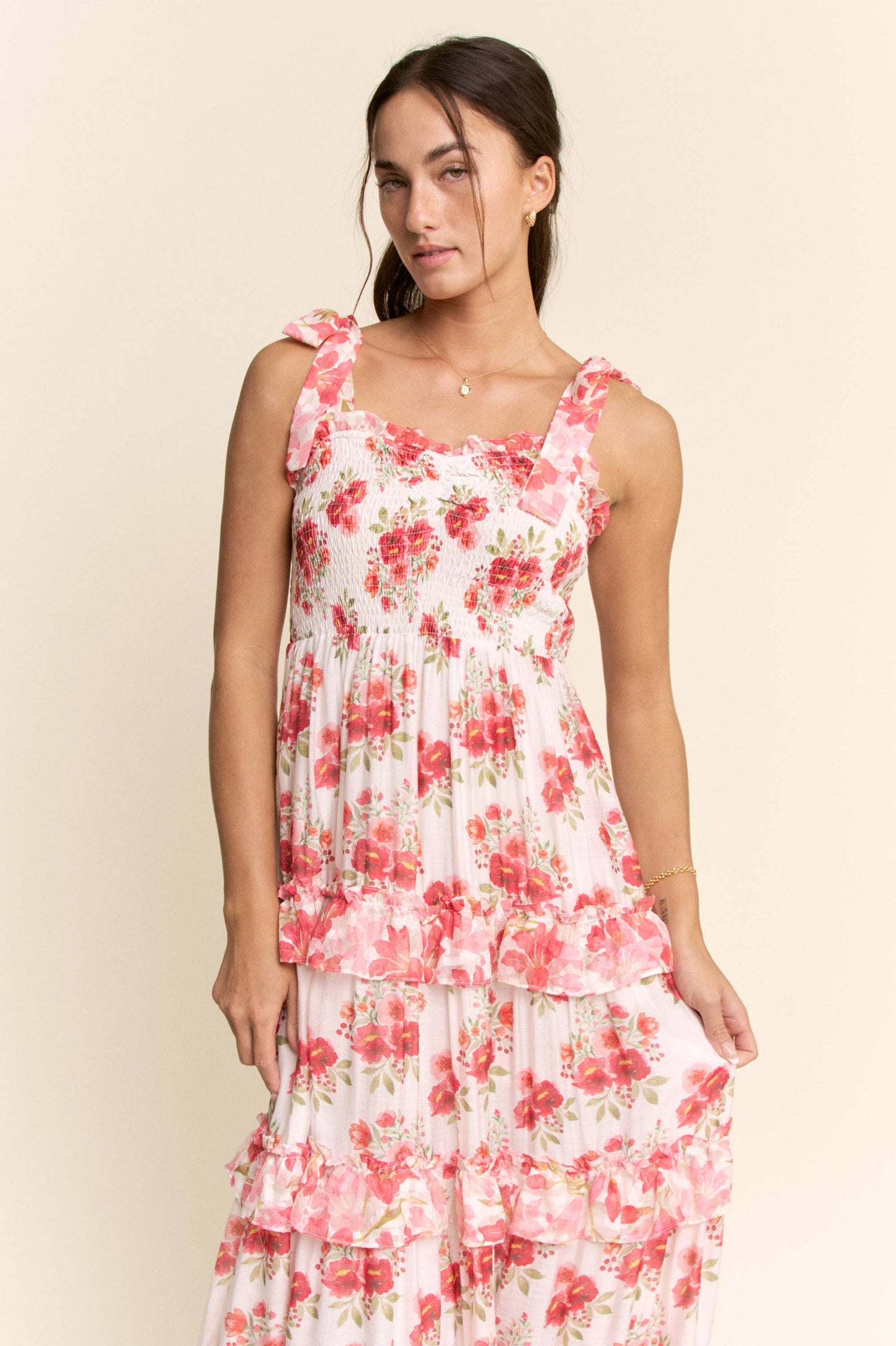 Davi & Dani - GARDEN FLORAL RUFFLE SMOCK SHOULDER MIDI DRESS