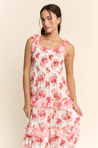 Davi & Dani - GARDEN FLORAL RUFFLE SMOCK SHOULDER MIDI DRESS