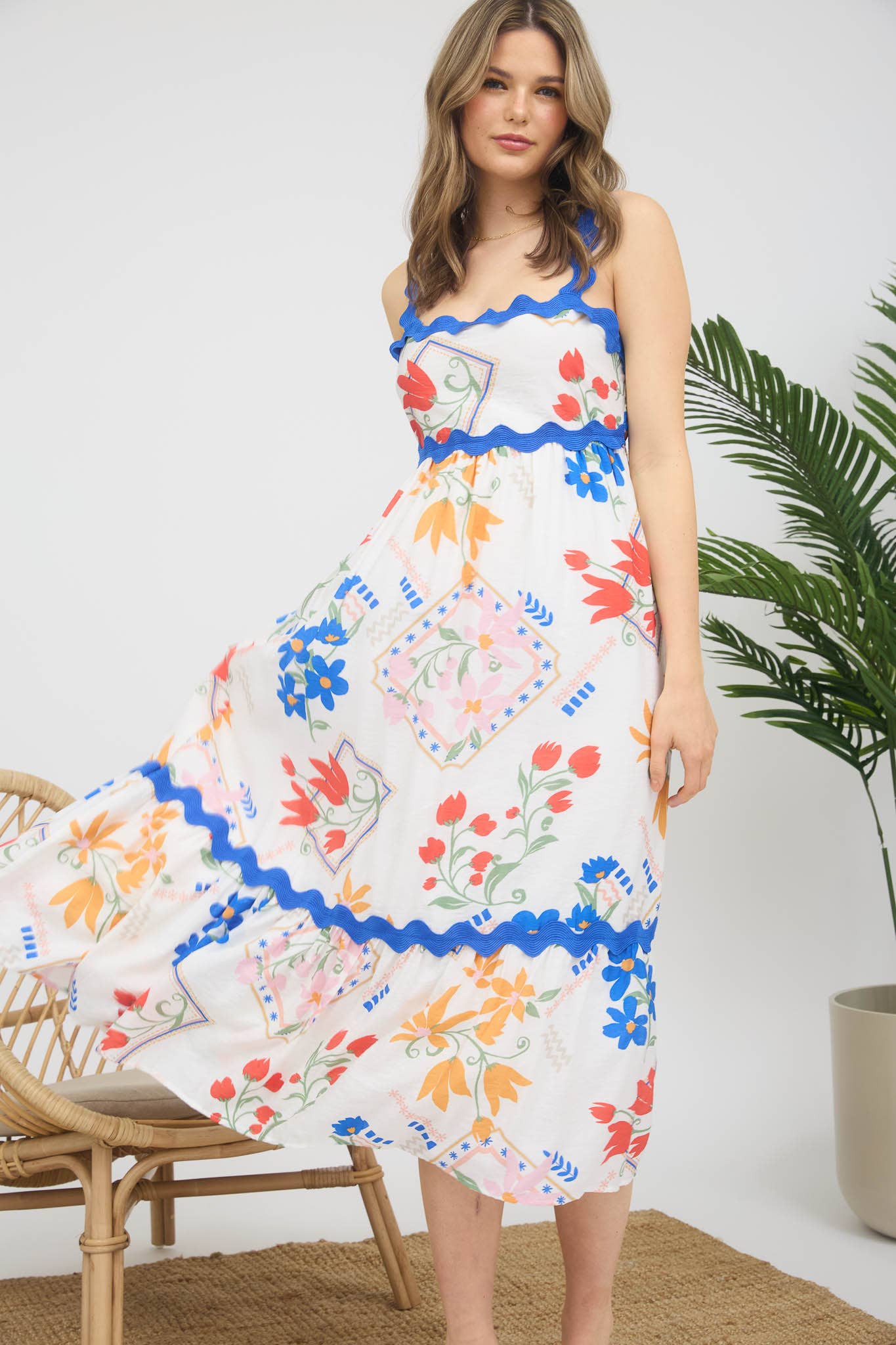 FLORAL PATTERN WAVY DETAIL SLEEVELESS MIDI DRESS