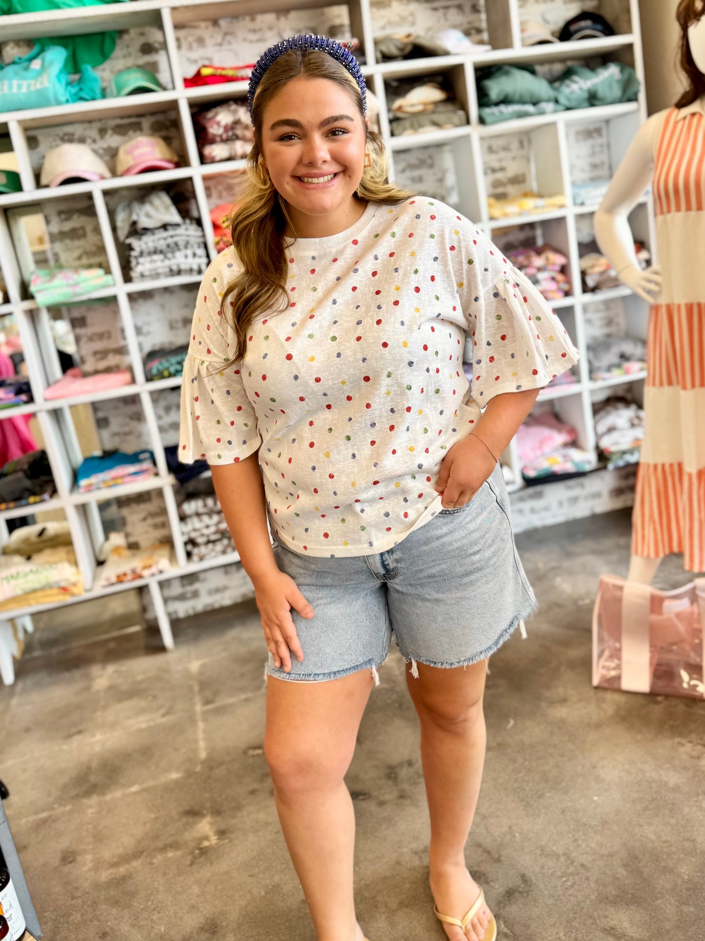 Colorful Polka Dot Short Ruffle Sleeve Knit Top
