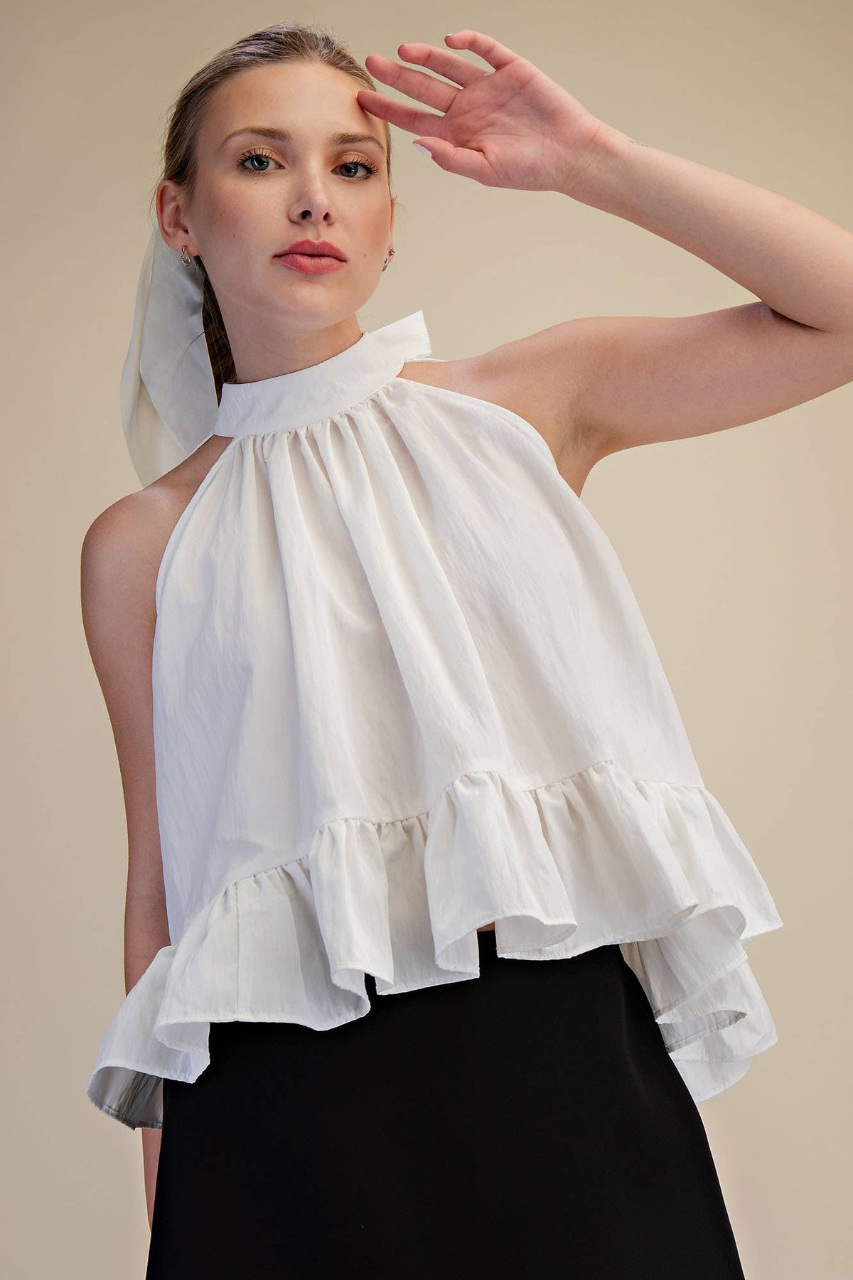 Glam - Halter Neck Sleeveless Back Neck Tie Ruffle Top