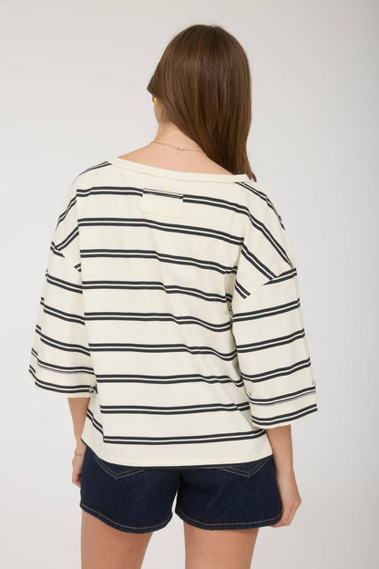 STRIPE RAW EDGE CUFF SLEEVE OVERSIZED KNIT TOP