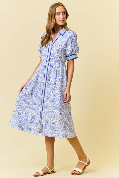 Doe and Rae - FLORAL PRINTED MIDI SHIRT DRESS W/ SIDE POCKET - 28218D