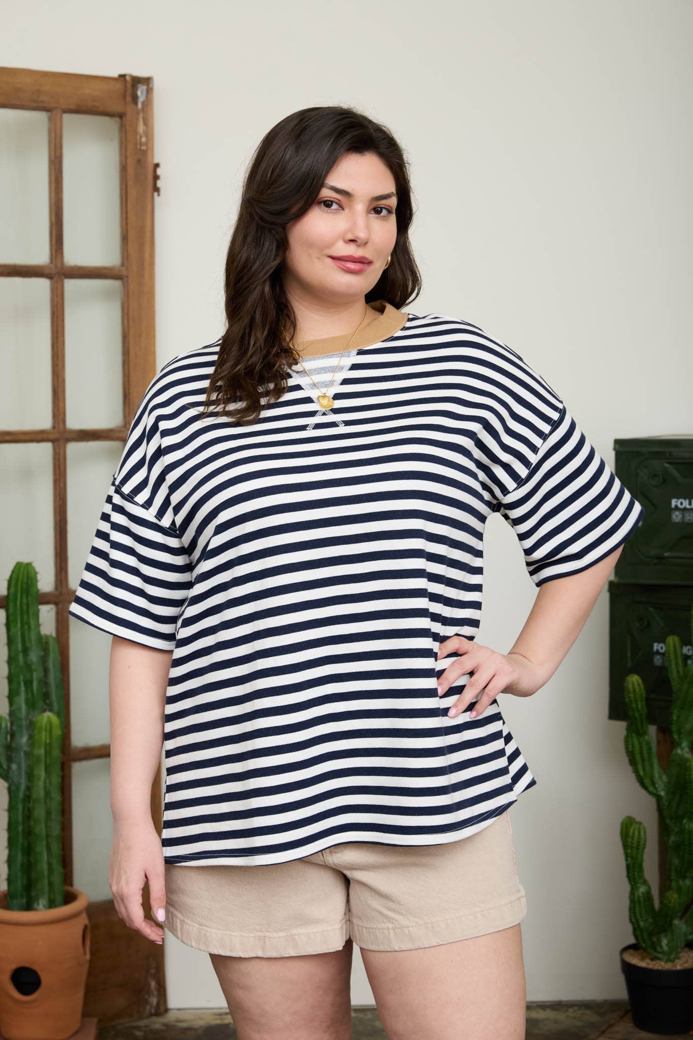 PLUS STRIPE COLORBLOCK DETAIL SHORT SLEEVE KNIT T-SHIRT