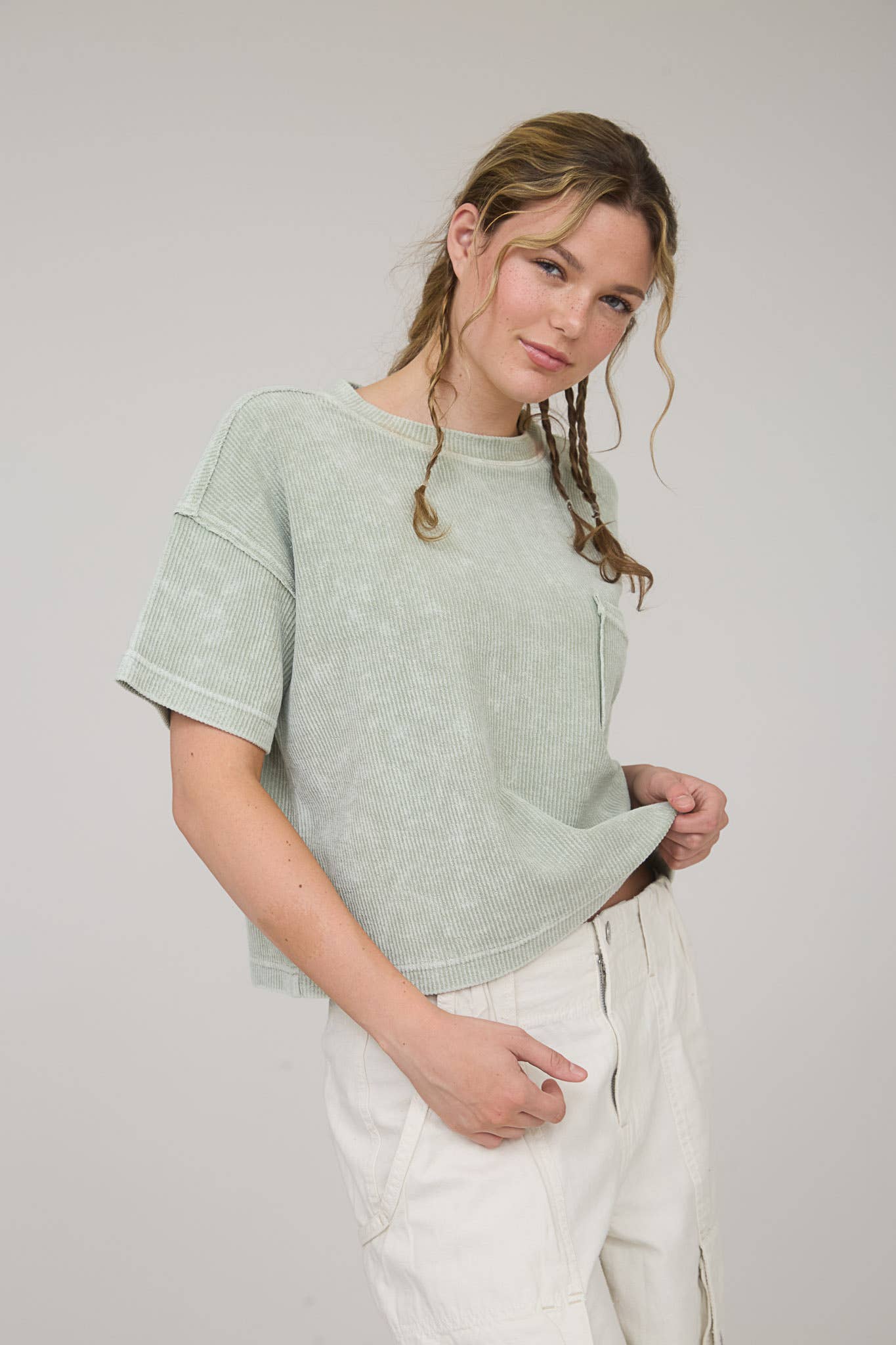 Washed Ribbed Short Sleeve Tee with Pocket