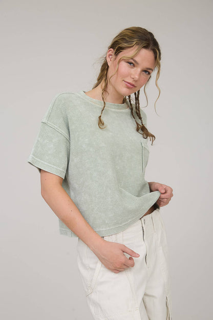 Washed Ribbed Short Sleeve Tee with Pocket