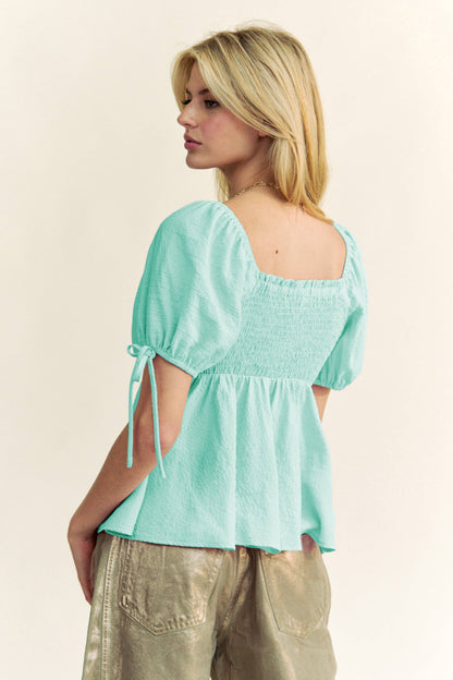 SOLID ELASTIC PEPLUM PUFFED SLEEVES BLOUSE TOP