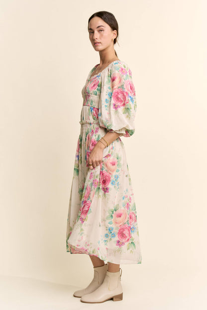 Davi & Dani - FLOWER PRINTED CHIFFON MAXI DRESS