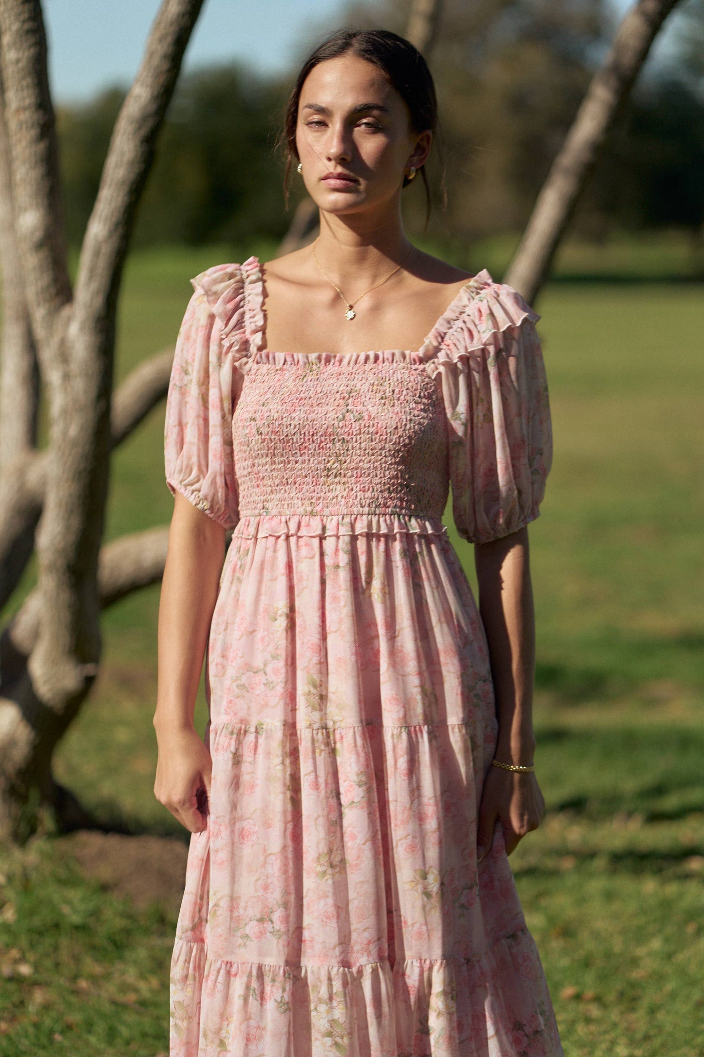 Davi & Dani - SMOCKED SQUARE NECK TIERED FLORAL MAXI DRESS
