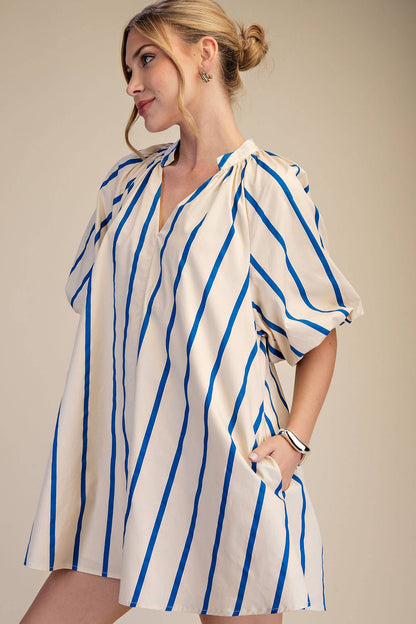 Glam - Puff-Sleeve Stripe Mini Shift Dress