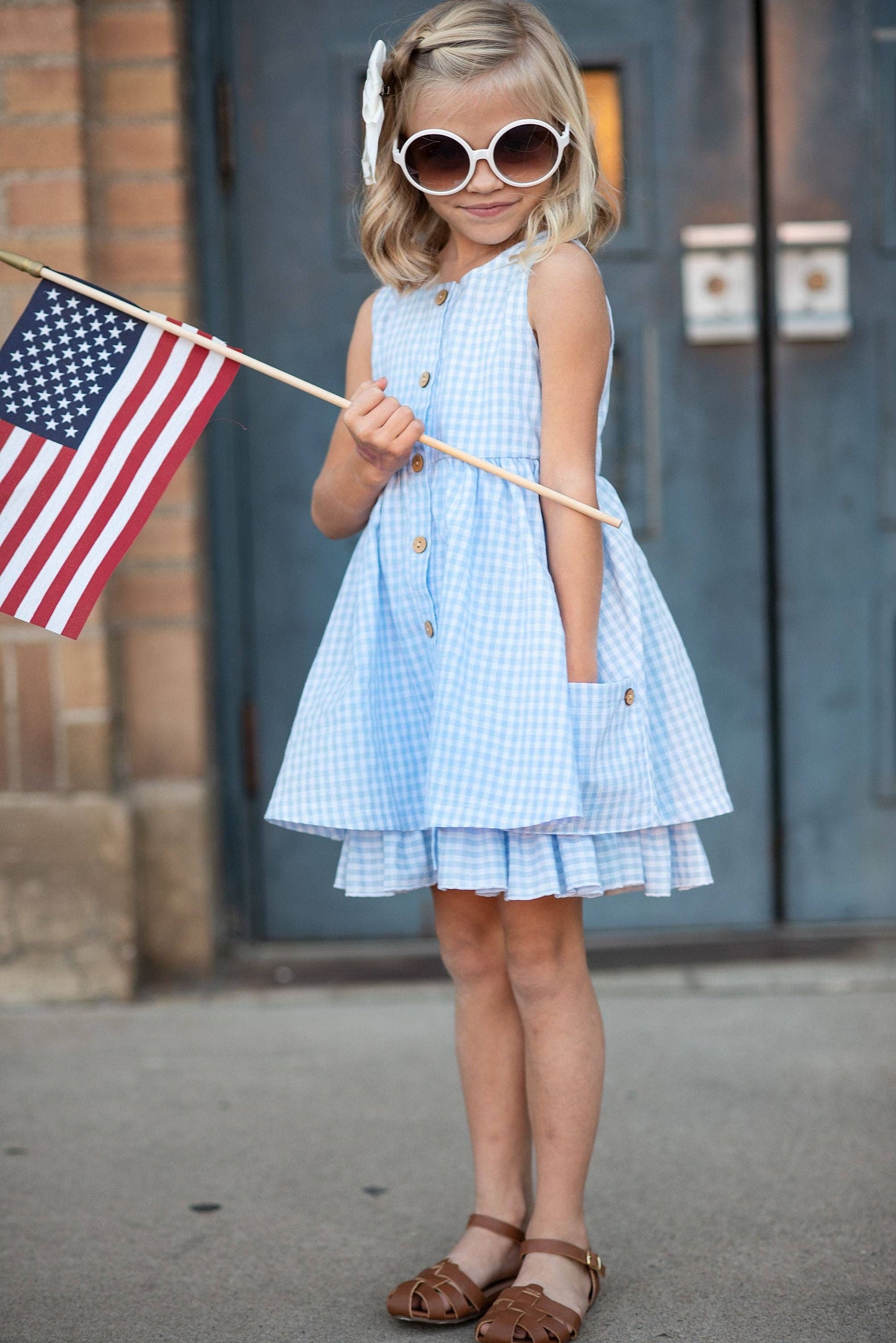 Kids Blue & White Gingham Check Pocket Ruffle Spring Dress