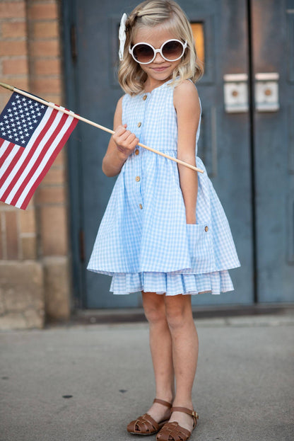 Kids Blue & White Gingham Check Pocket Ruffle Spring Dress
