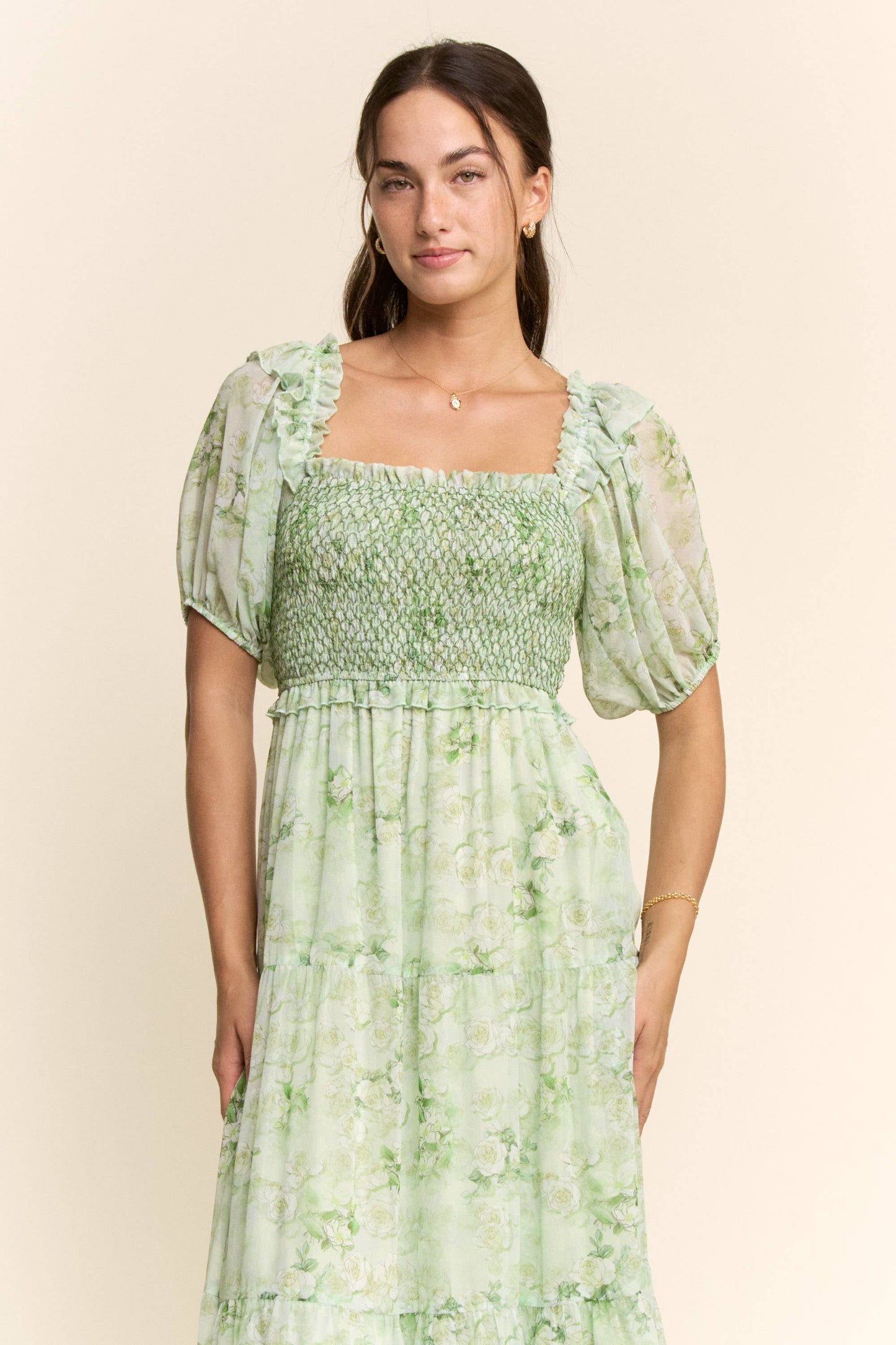 Davi & Dani - SMOCKED SQUARE NECK TIERED FLORAL MAXI DRESS