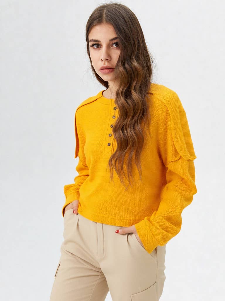 Raw Edge Detail Casual Waffle Knit Henley Top