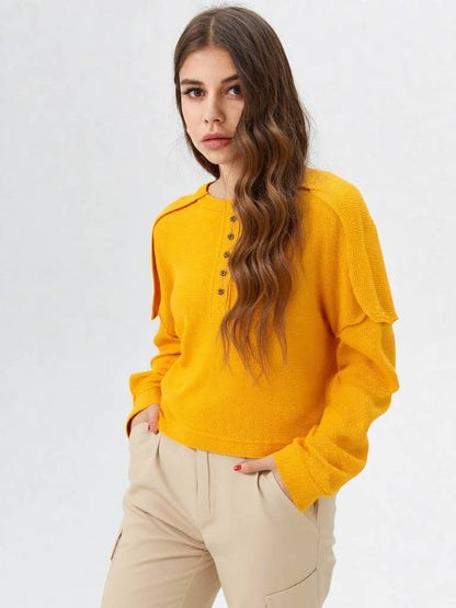 Raw Edge Detail Casual Waffle Knit Henley Top